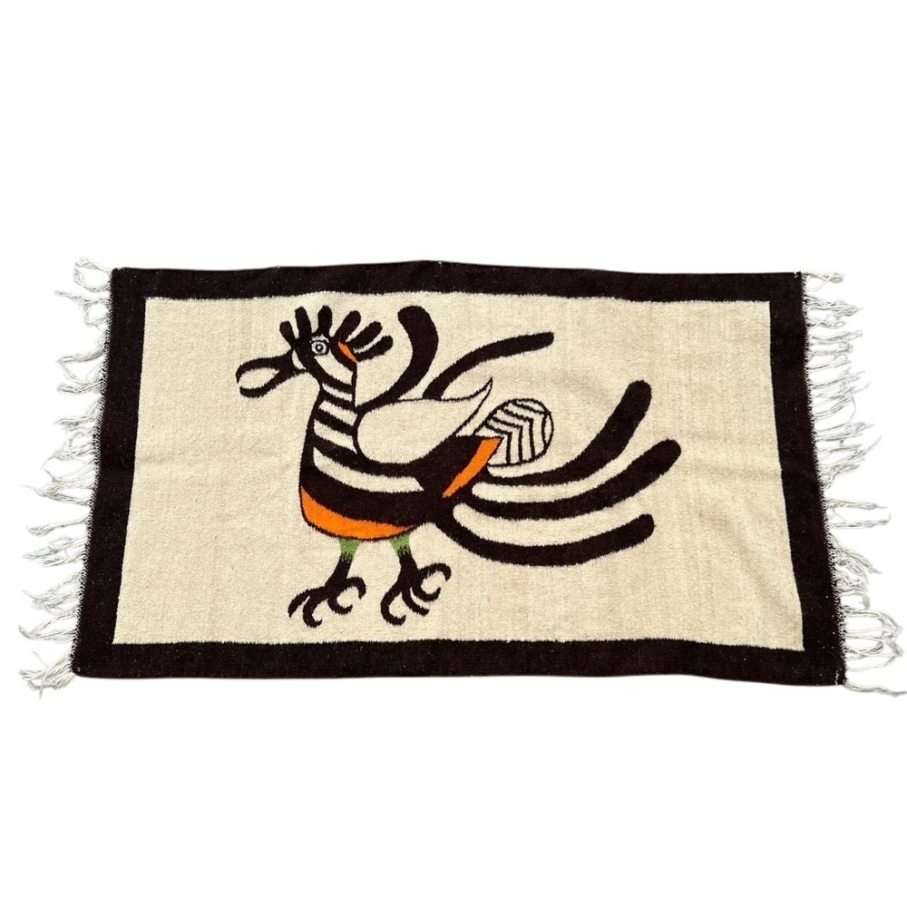 Vintage Southwestern Aztec Wool Bird Tapestry Rug Natural Fibers Fringe 32x56
